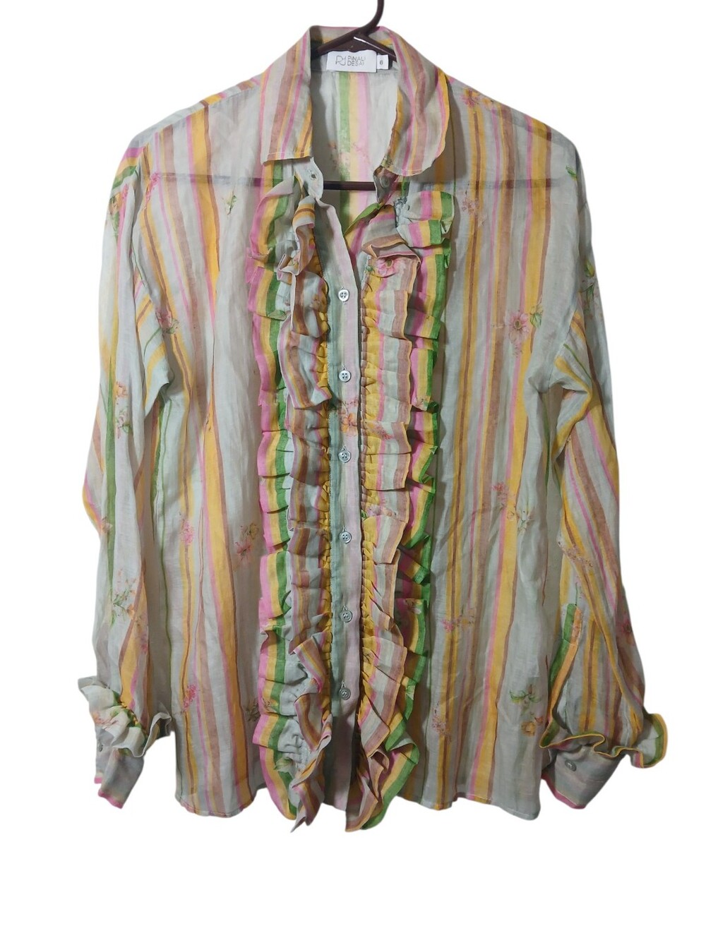 Pinali Desai Sheer Stripe Floral Ruffle Top Size 6